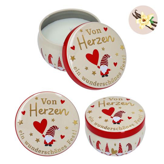 Weihnachtliche Kerze in runder Metalldose