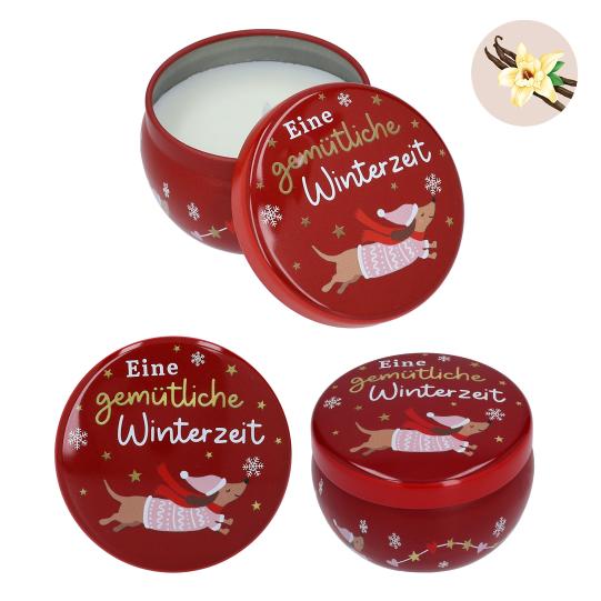 Weihnachtliche Kerze in runder Metalldose