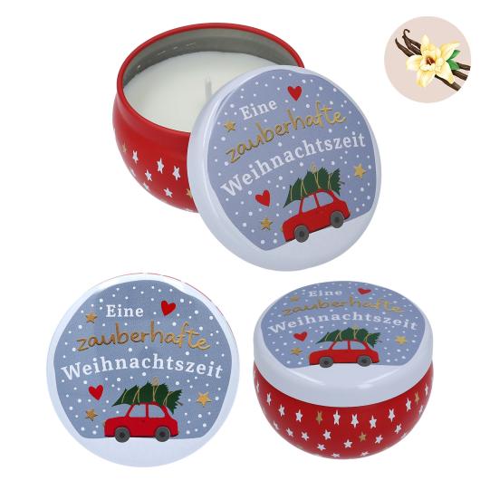 Weihnachtliche Kerze in runder Metalldose