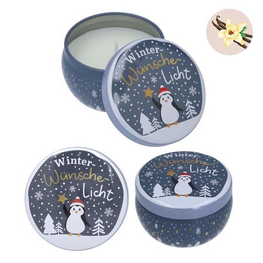 Weihnachtliche Kerze in runder Metalldose