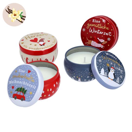 Weihnachtliche Kerze in runder Metalldose