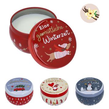 Weihnachtliche Kerze in runder Metalldose