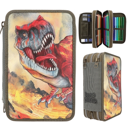 Dino World 3 Fach Federtasche mit 3D Effekt grün