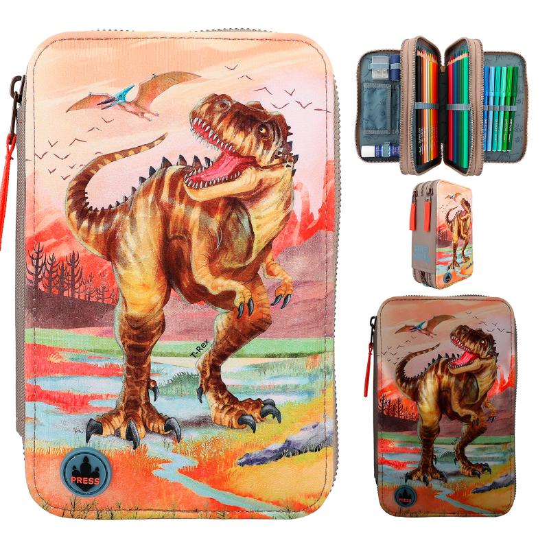 Dino World Triple Pencil Case LED Khaki Brown