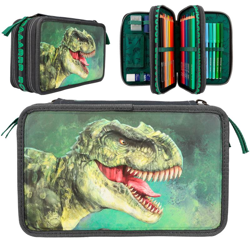 Dino World Triple Pencil Case Green With 3D Effect
