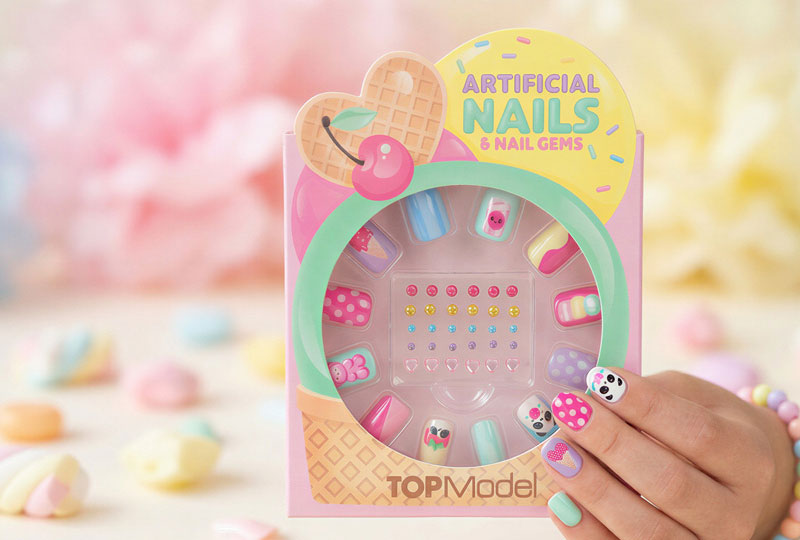 Manos de niña con esmalte de uñas rojo al agua.