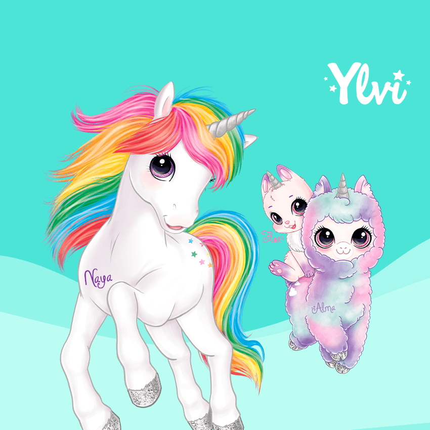 Ylvi, Einhorn Naya, Alpake Alma und Hase Flex