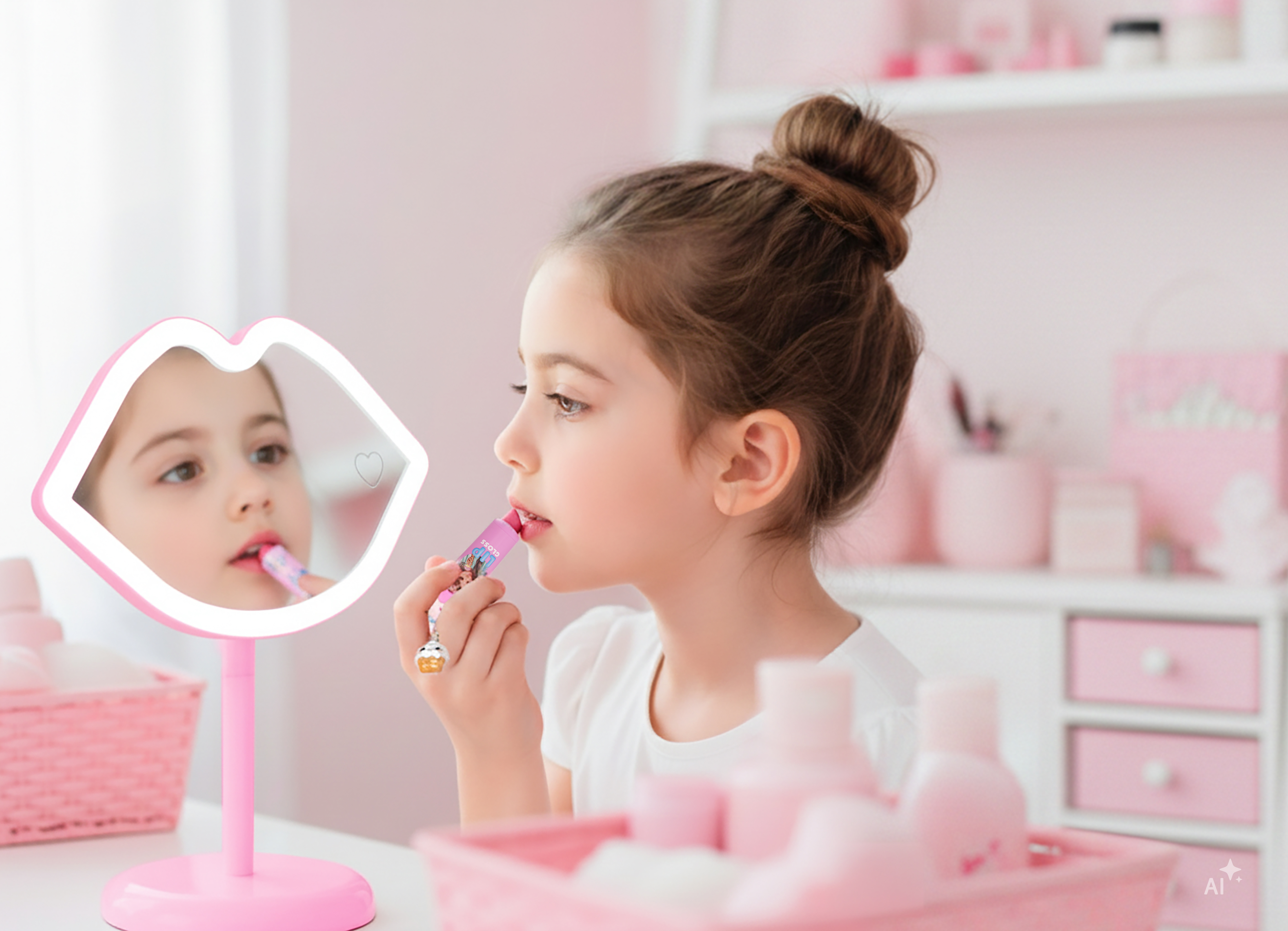 A girl applies make-up whilst looking into a heart-shaped mirror from TOPModel