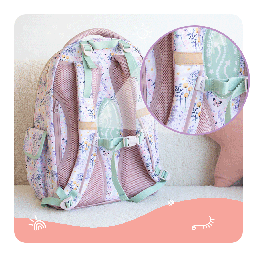 Back to School Schulruckack auf einem Sofa mit Detailansicht auf den Tragegurt