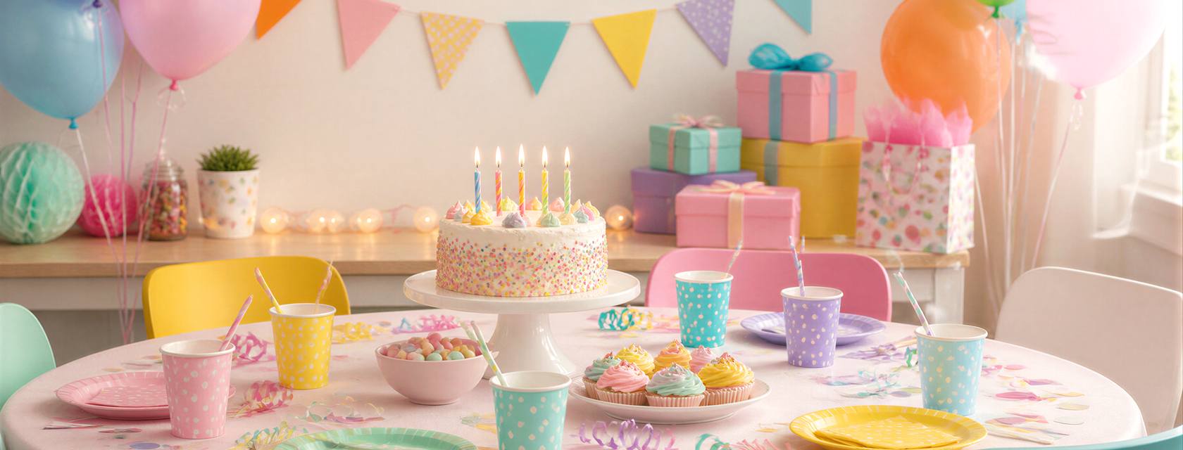 Kindergeburtstagstisch mit Torte, Luftballons und bunten Geschenken