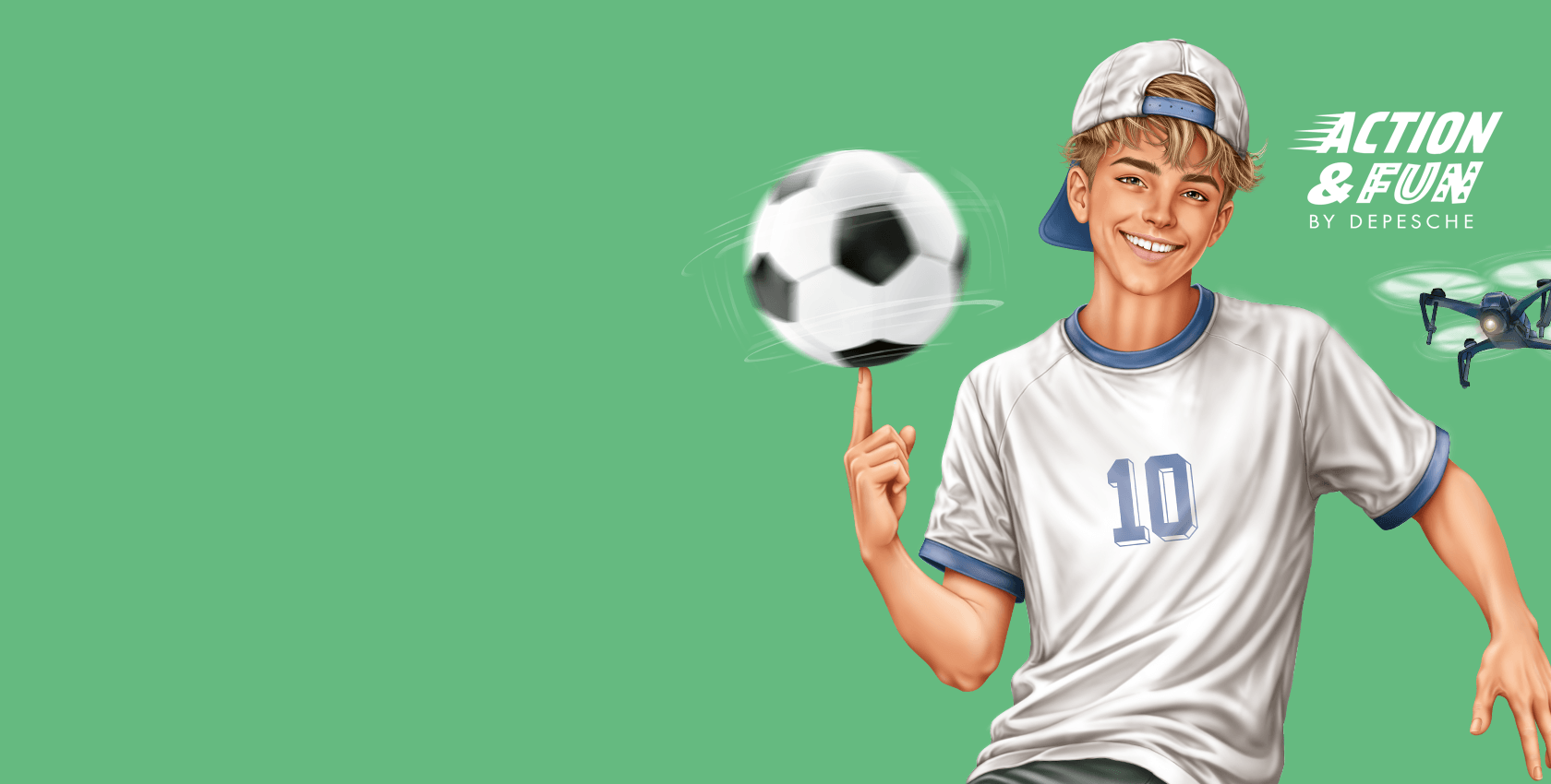 Junge mit Fussball, Drohne und ACTION & FUN Logo