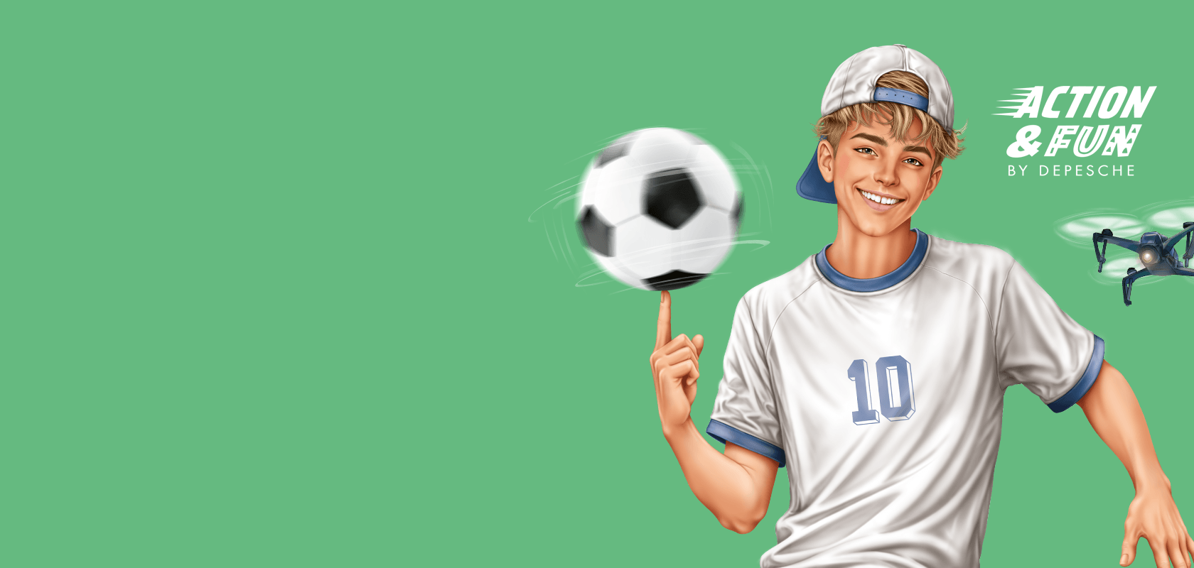Junge mit Fussball, Drohne und ACTION & FUN Logo