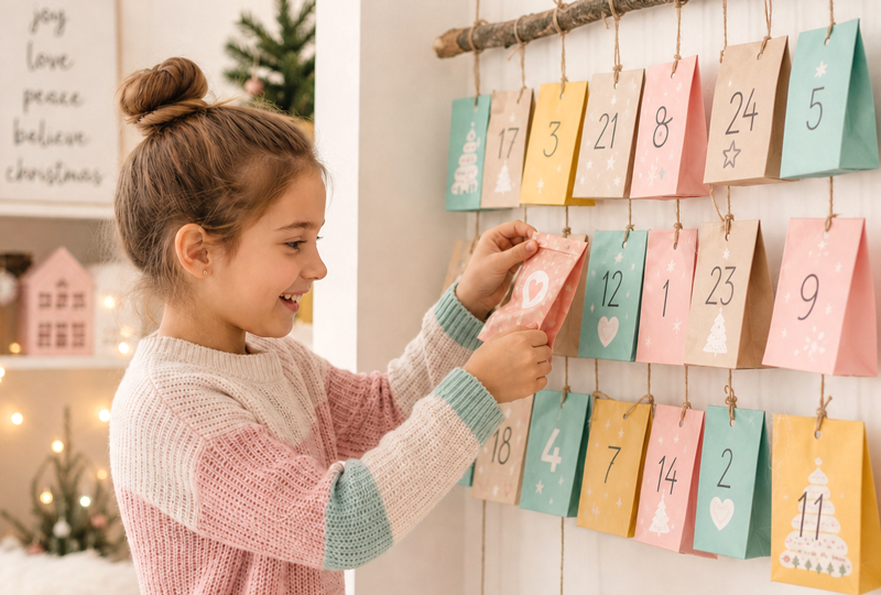 A girl happily opens a little door on her homemade Advent calendar
