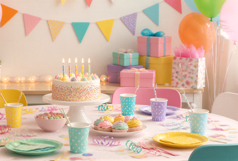 Kindergeburtstagstisch mit Torte, Luftballons und bunten Geschenken