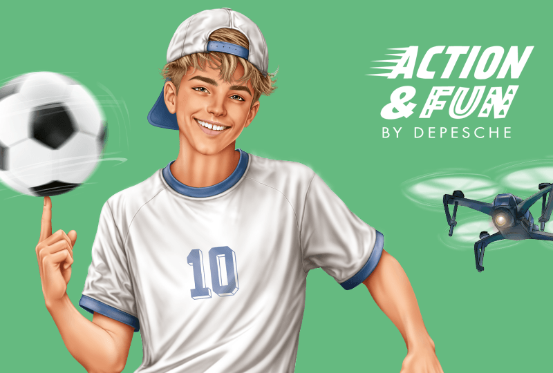 Junge mit Fussball, Drohne und ACTION & FUN Logo