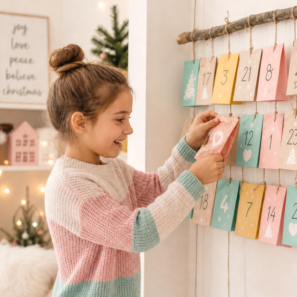 Mädchen öffnet freudig selbstgebasteltes Adventskalender-Türchen