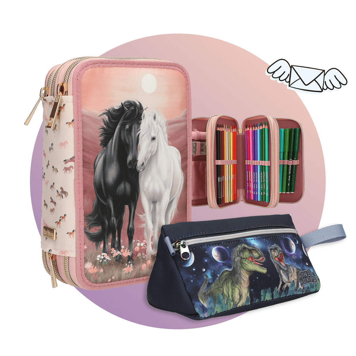 Miss Melody 3-Fach Federtasche und Dino World Schlampertasche