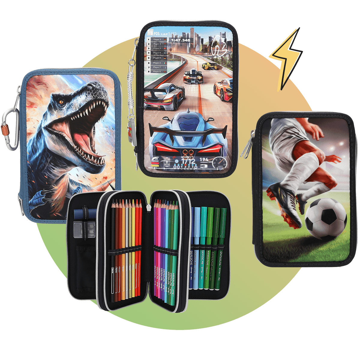 3-Fach Federtaschen mit Fußball-Motiv, Dino World & Gaming