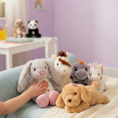 Eine süße Plüschtiersammlung aus Hase, Pferd, Dino, Einhorn und Hund